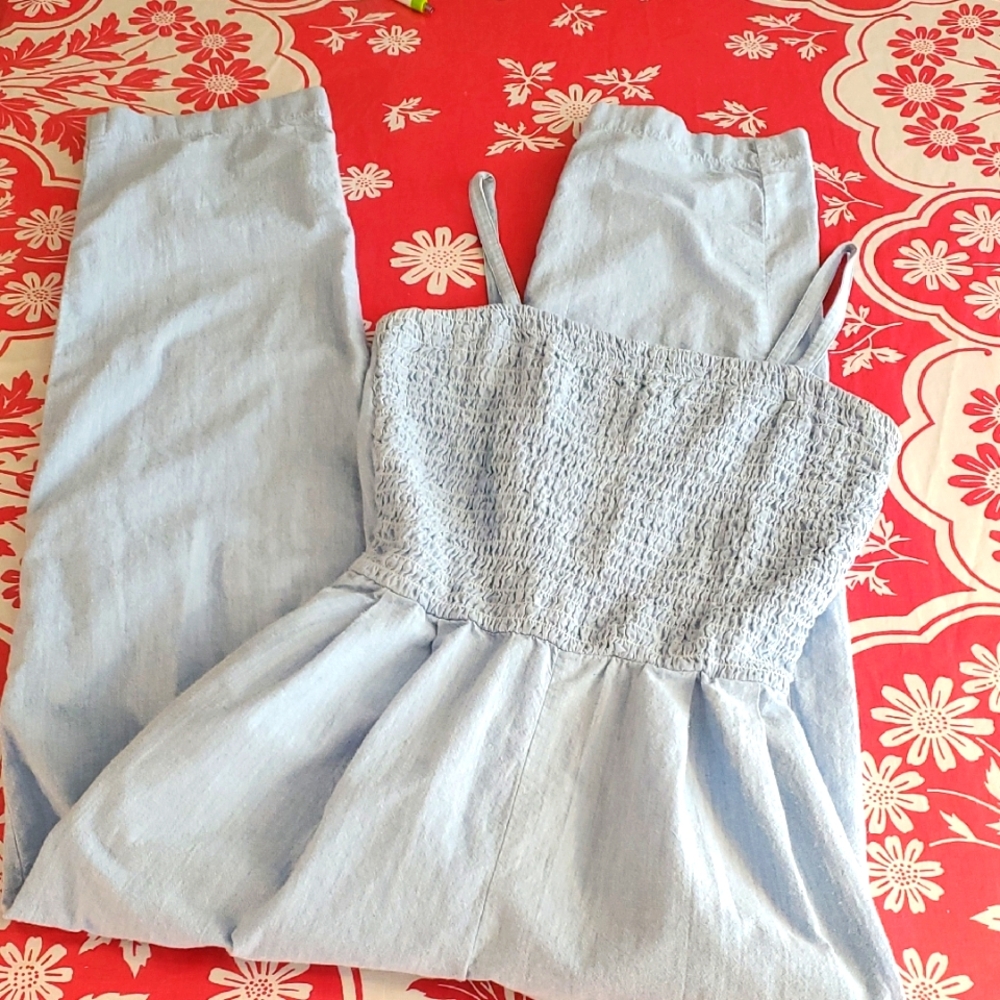 1970's Vintage Chambray Sleeveless Wide Leg Jumpsuit